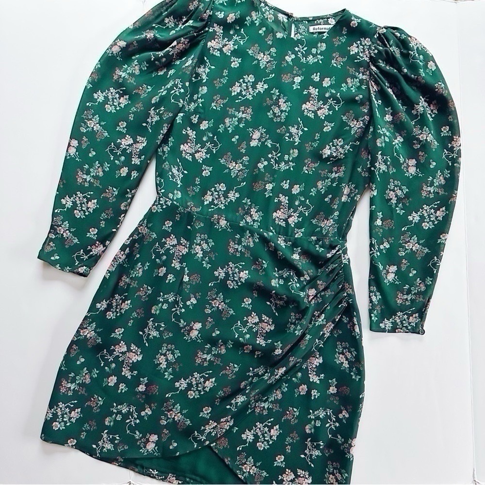NEW Reformation Juni Floral Puff Sleeve Dress Green - Picture 10 of 15